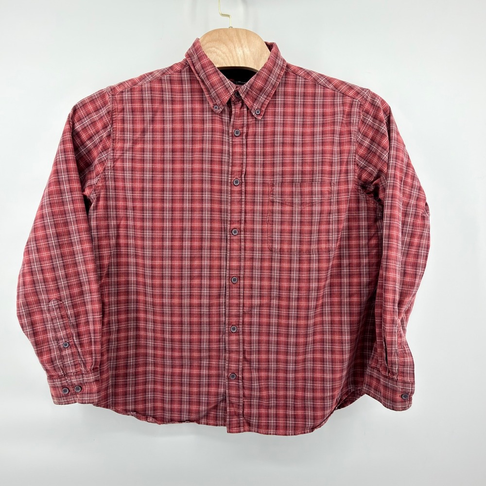 Trufit Button Front Shirt Mens Large Red Plaid Cotton Long Sleeve Casual
